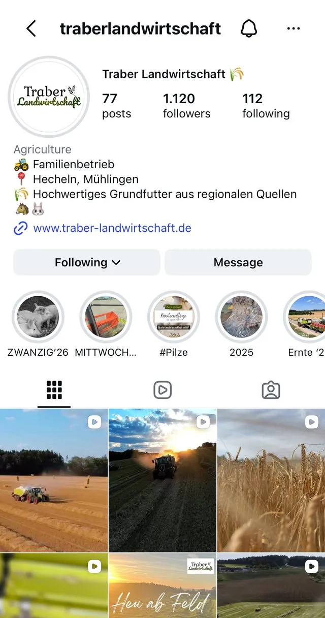 Das Instagram-Profil von Traber Landwirtschaft